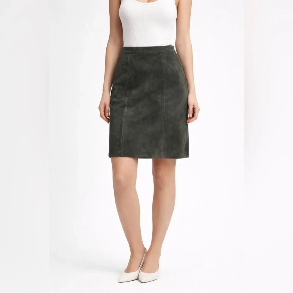 Vintage Women Global Identity Suede Leather Straight Pencil Skirt Green